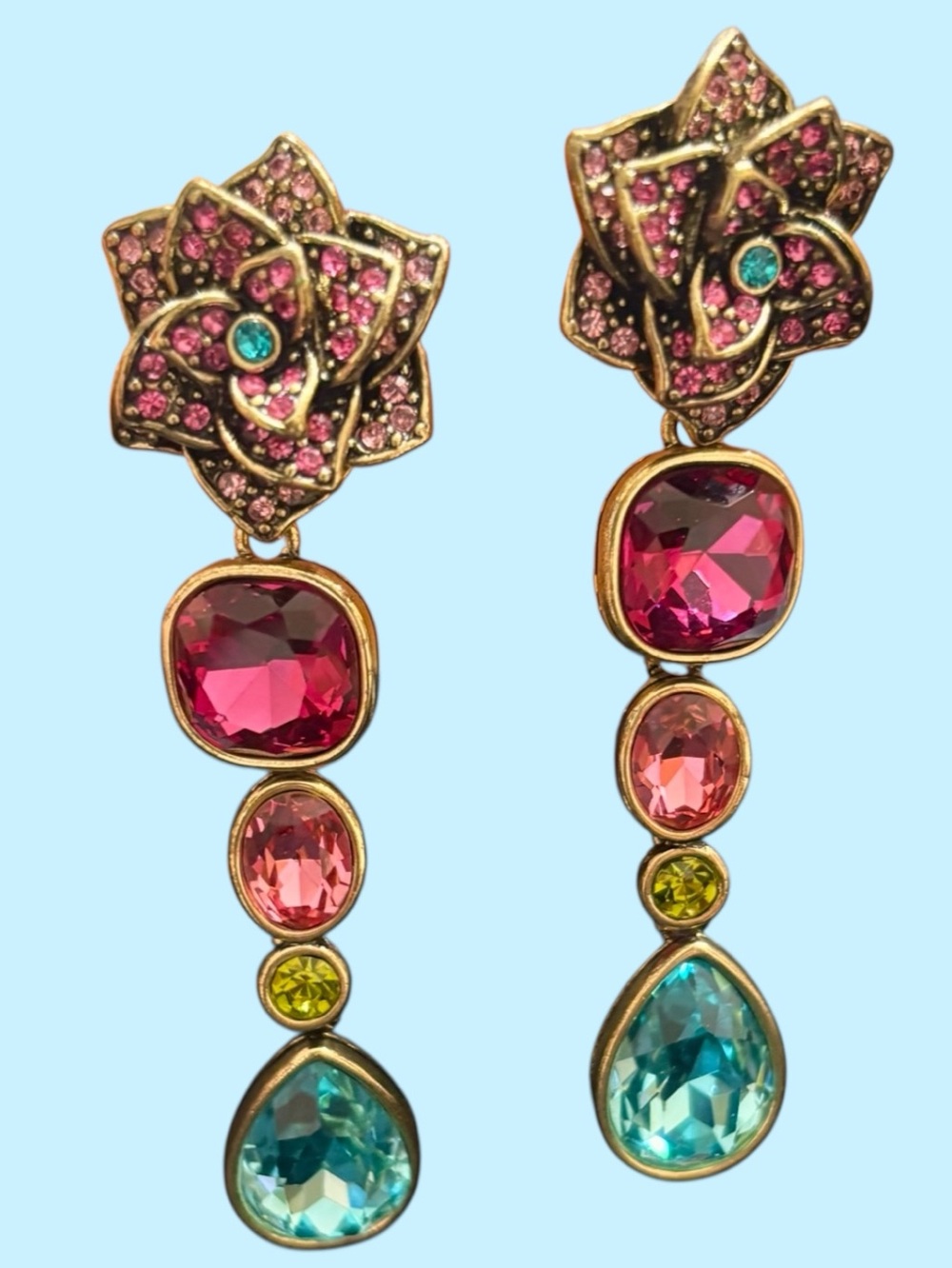 Heidi Daus Floral Drop Earrings with Pink and Blue Crystals. NIB